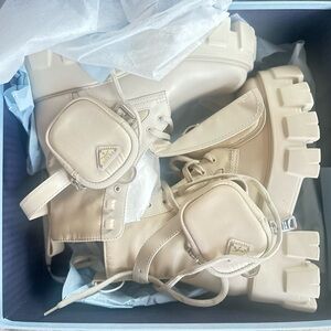 Prada Monolith Brushed Leather and Re-Nylon Boots with Pouch, size 8